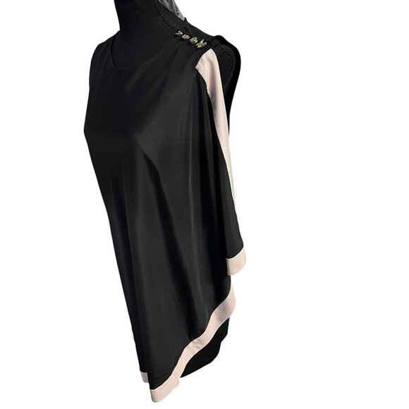 TED BAKER Black Sleeveless Asymmetrical Dress Women 4 Beige Trim Button Shoulder - Picture 2 of 13